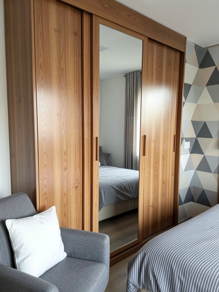 Guarda-roupa de freijó com portas lisas e puxadores discretos em ambiente claro.