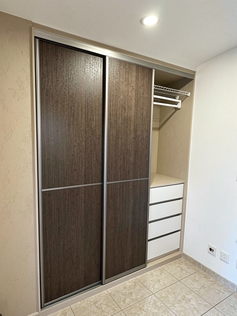 Guarda-roupa com portas de correr e gavetas, design moderno em madeira clara.