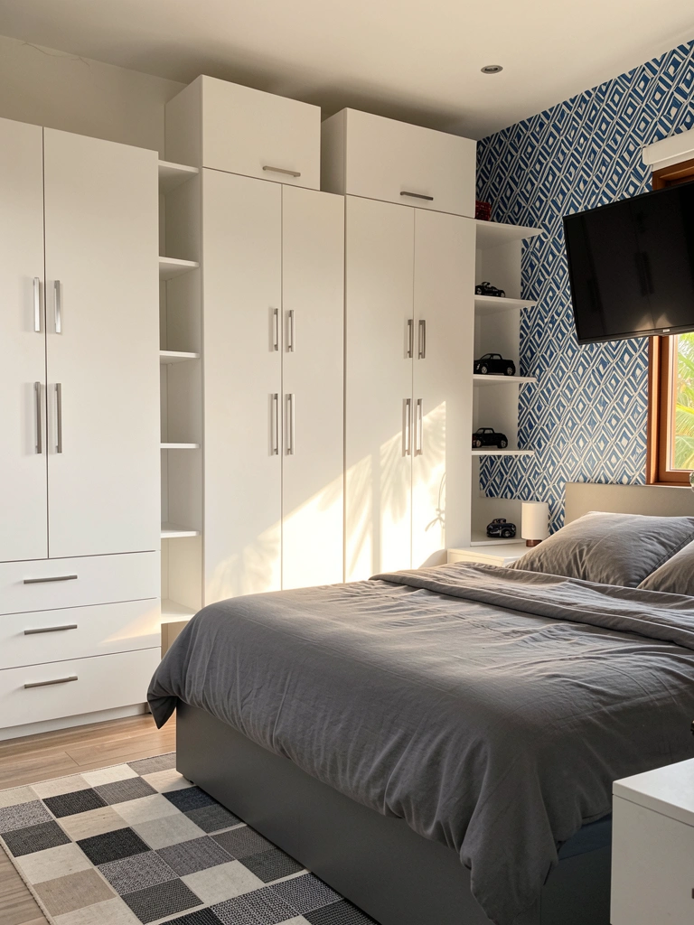 Quatro módulos de guarda-roupa brancos com puxadores prateados e prateleiras, cama cinza com edredom e travesseiros, papel de parede geométrico azul e branco, televisão na parede, carrinho preto na prateleira, tapete xadrez, luz natural tropical.