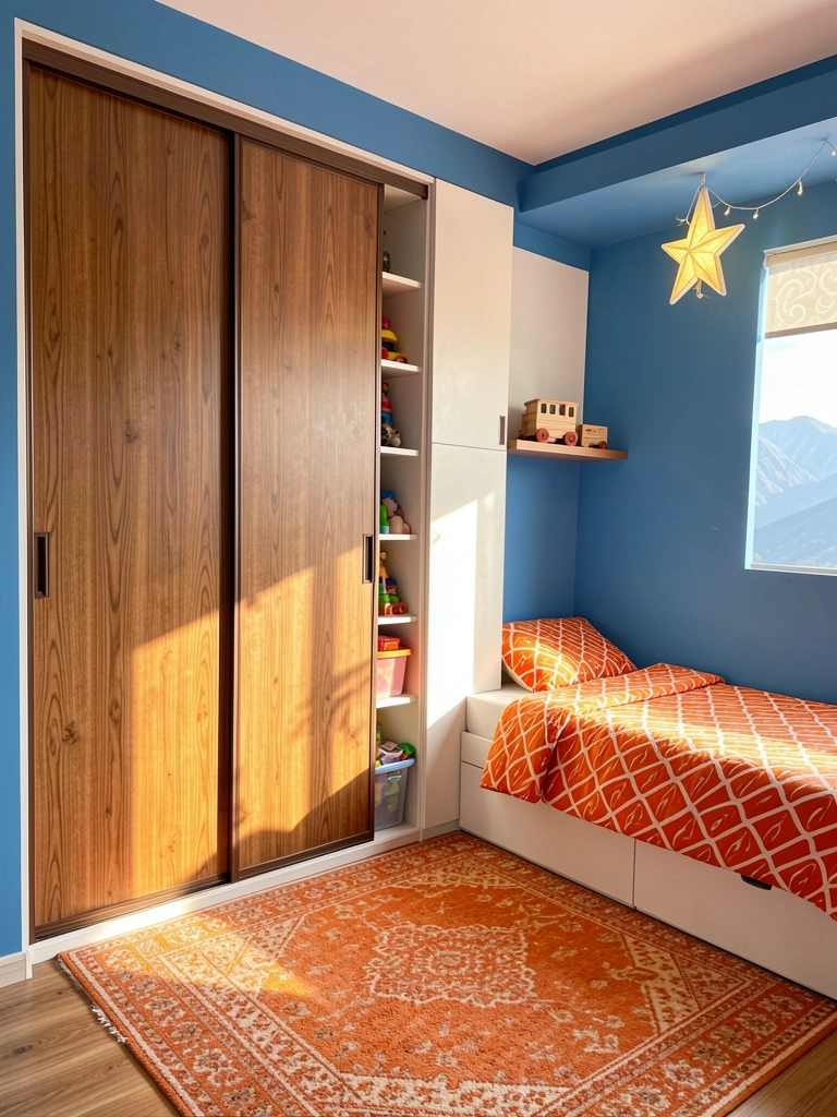 Armário embutido de madeira com portas de correr ao lado de cama com edredom laranja e branco estampado, tapete felpudo e luz natural.