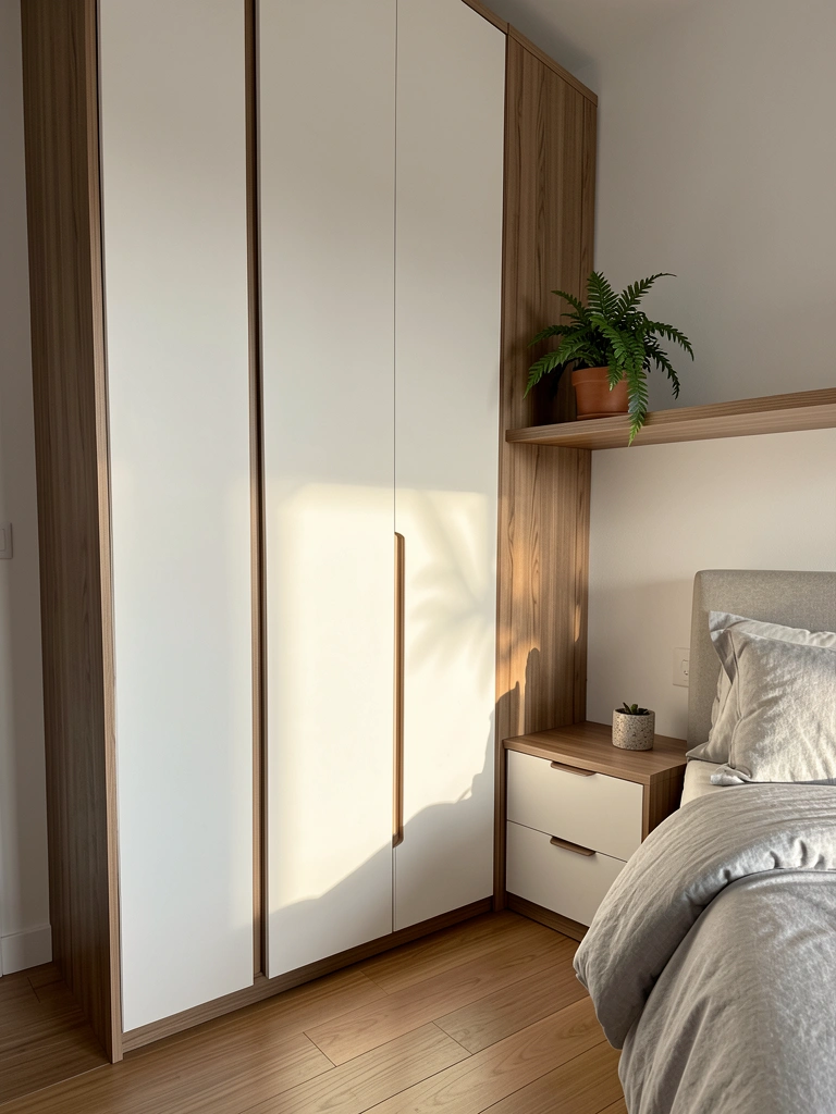 Armário embutido em branco e madeira com portas levemente abertas, cama queen com edredom cinza, vaso de planta na prateleira flutuante, luz natural destacando texturas.