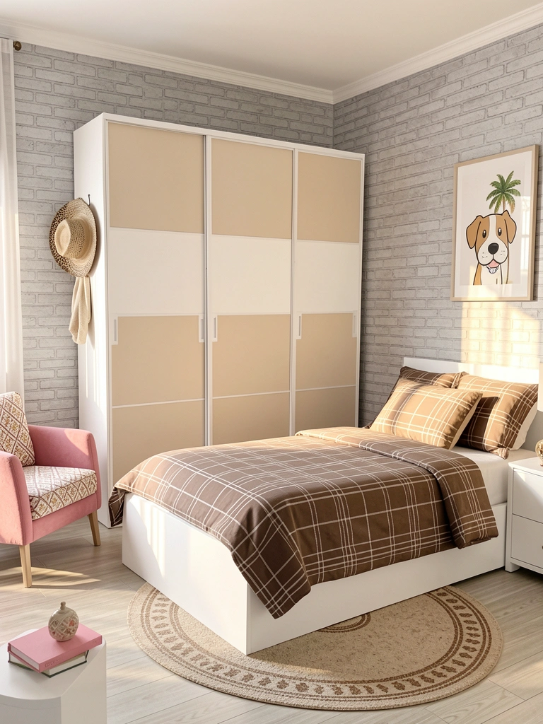 Armário modular bege claro com portas de correr contra parede de tijolos cinza, cama com colcha xadrez marrom, poltrona rosa e chapéu decorativo pendurado.