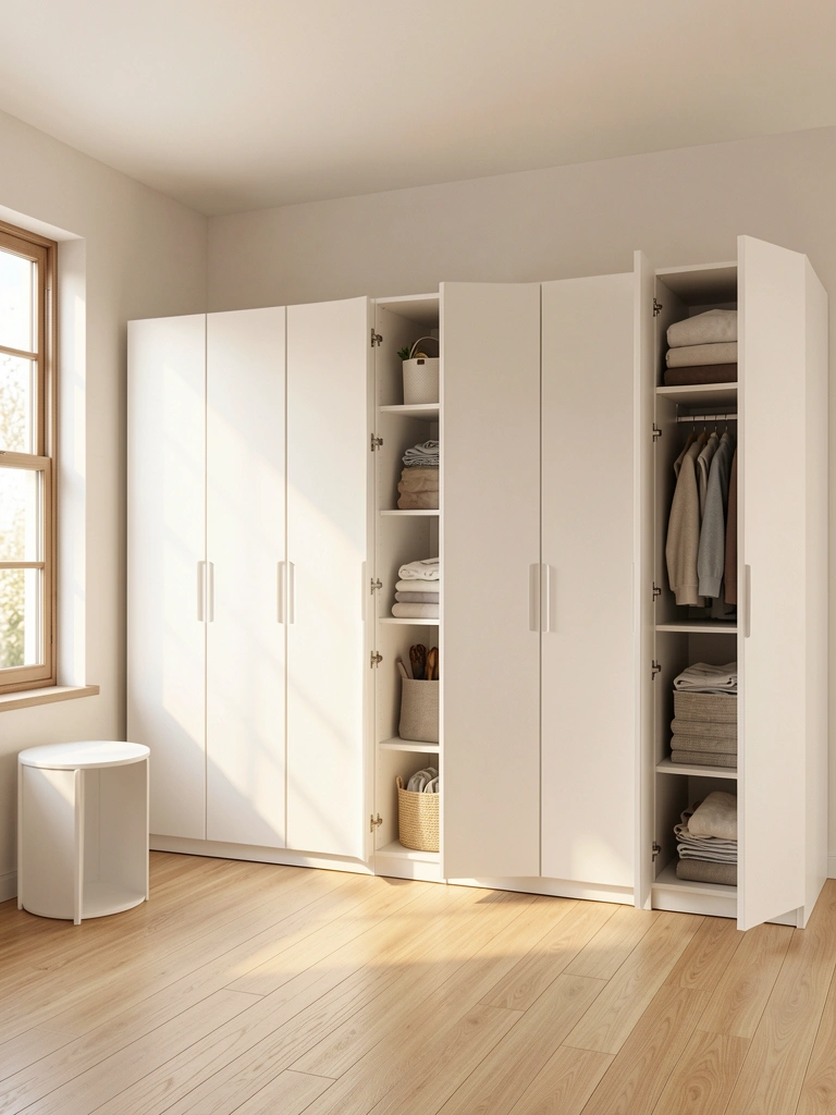 Guarda-roupa modulado branco fosco com seis cabines, portas abertas e fechadas, luz natural de janela, piso de madeira clara e criado-mudo redondo à esquerda.