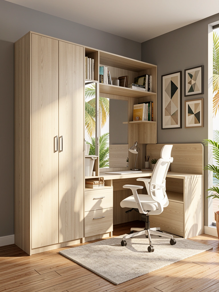Armário modular de madeira bege claro com espelho, escrivaninha integrada e cadeira ergonômica branca, sob luz natural de dia.