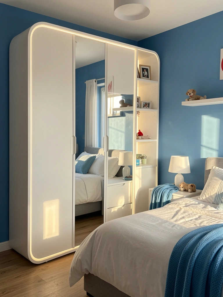 Guarda-roupa branco modular com portas espelhadas e prateleira iluminada, cama de linho cinza claro com manta azul ao lado, luz natural entrando pela janela.
