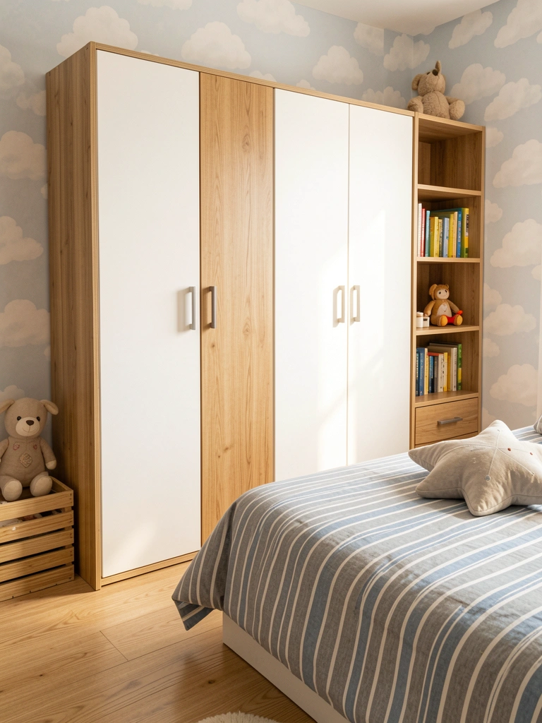 Guarda-roupa modular de MDF com portas brancas e painéis de madeira clara, cama infantil com edredom listrado cinza e azul e travesseiro estrelado, papel de parede com nuvens e luz natural do dia.