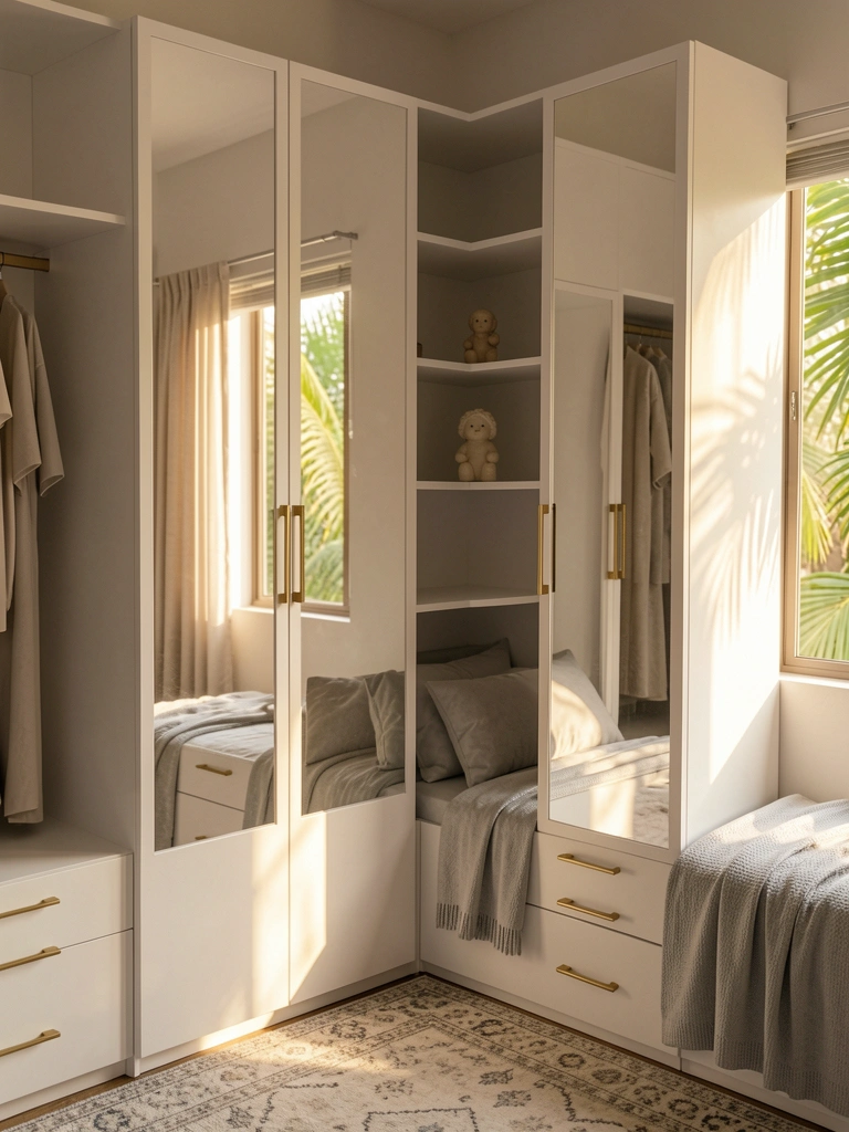 Guarda-roupa modular branco fosco com portas espelhadas e puxadores dourados, cama pequena com manta cinza e almofadas, luz natural entrando pela janela.