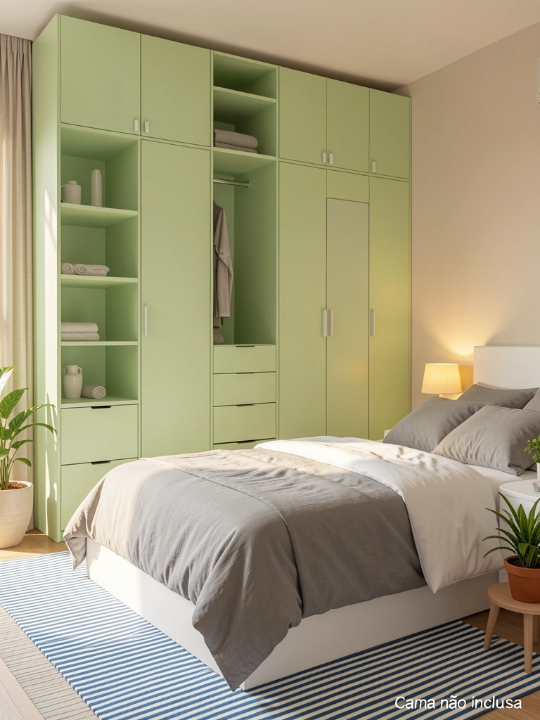 Guarda-roupa modular verde-claro com espelho e prateleiras, cama branca com edredom cinza, luminária acesa e tapete listrado azul e branco.