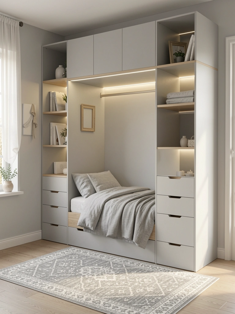 Armário modular cinza claro com iluminação LED, estendendo-se por uma prateleira na parede, cama com roupa de cama de linho cinza e tapete listrado, luz natural suave e detalhe em madeira clara.