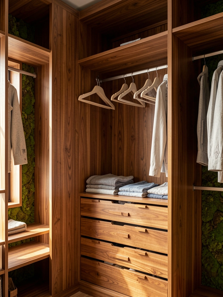 Luz natural incide sobre guarda-roupa de MDF com veios de madeira, gavetas e cabides organizados, painel de musgo texturizado ao fundo.