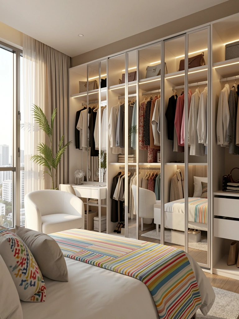Luz natural incide sobre closet com portas espelhadas e LED, cama branca com colcha listrada e poltrona felpuda ao lado da penteadeira.