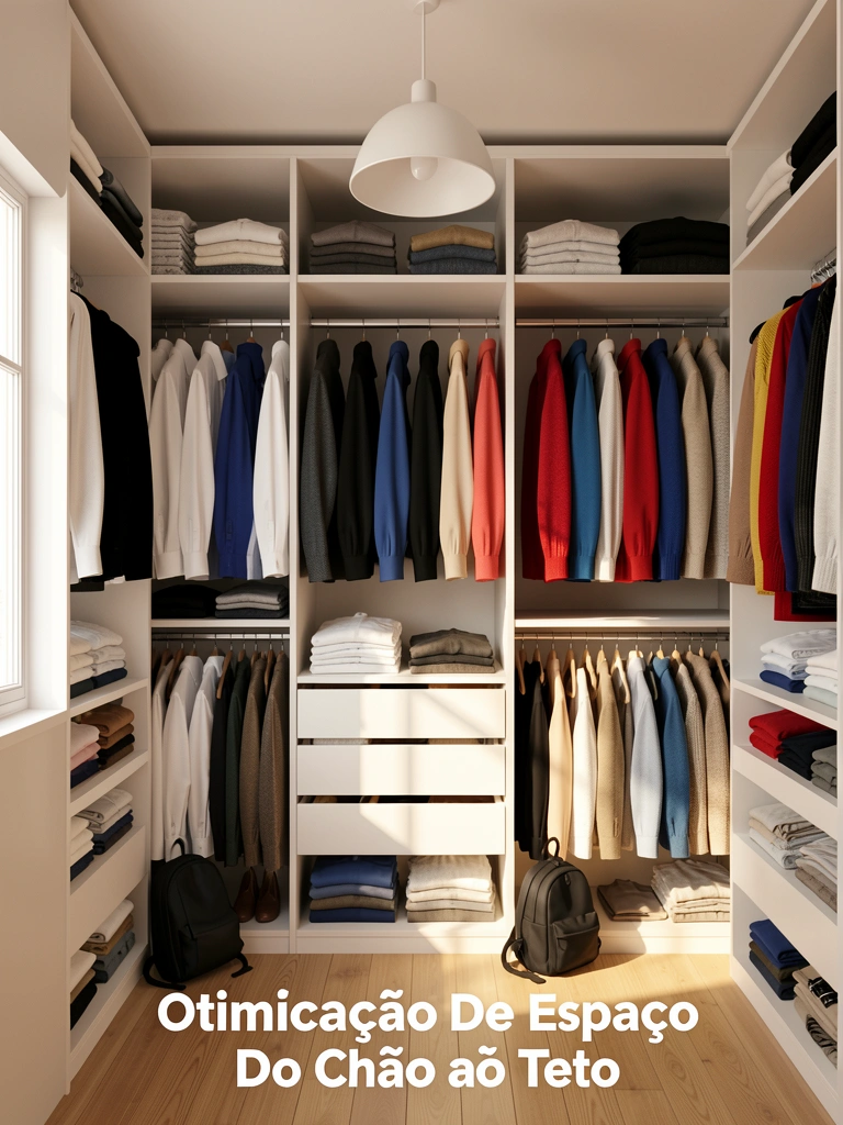 Closet amplo com prateleiras e cabideiros abarrotados de roupas dobradas em branco, preto, azul, vermelho e bege, mochila preta no chão, luz natural de janela e pendente branco.