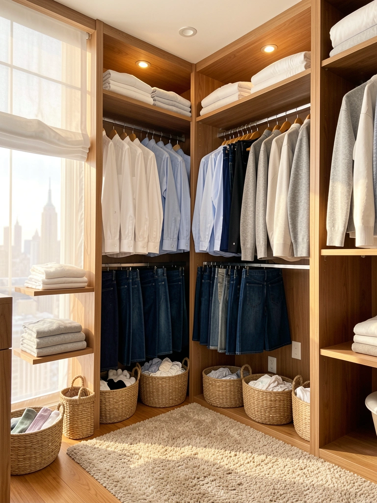 Baskets de vime no chão de um closet com camisas brancas e cinzas penduradas em cabides de madeira, luz natural filtrada por persiana, arranha-céus ao fundo.