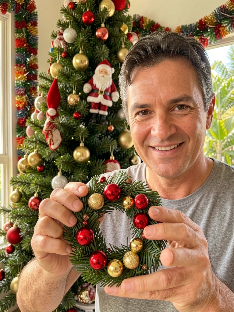 Homem segurando guirlanda natalina vermelha e dourada, árvore de Natal decorada ao fundo com luz natural.