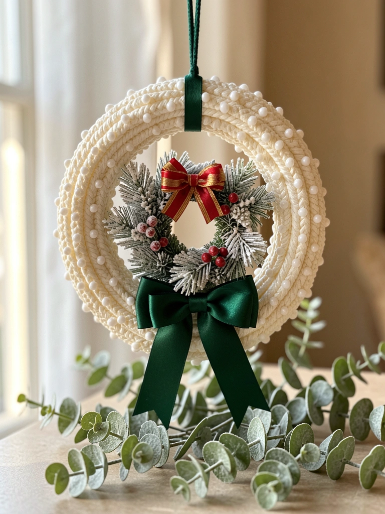 Guirlanda redonda trançada em creme com miçangas brancas, pendurada por corda verde-escura, com mini-wreath de laço vermelho e dourado, ramos de eucalipto verde-claro espalhados embaixo, luz natural.