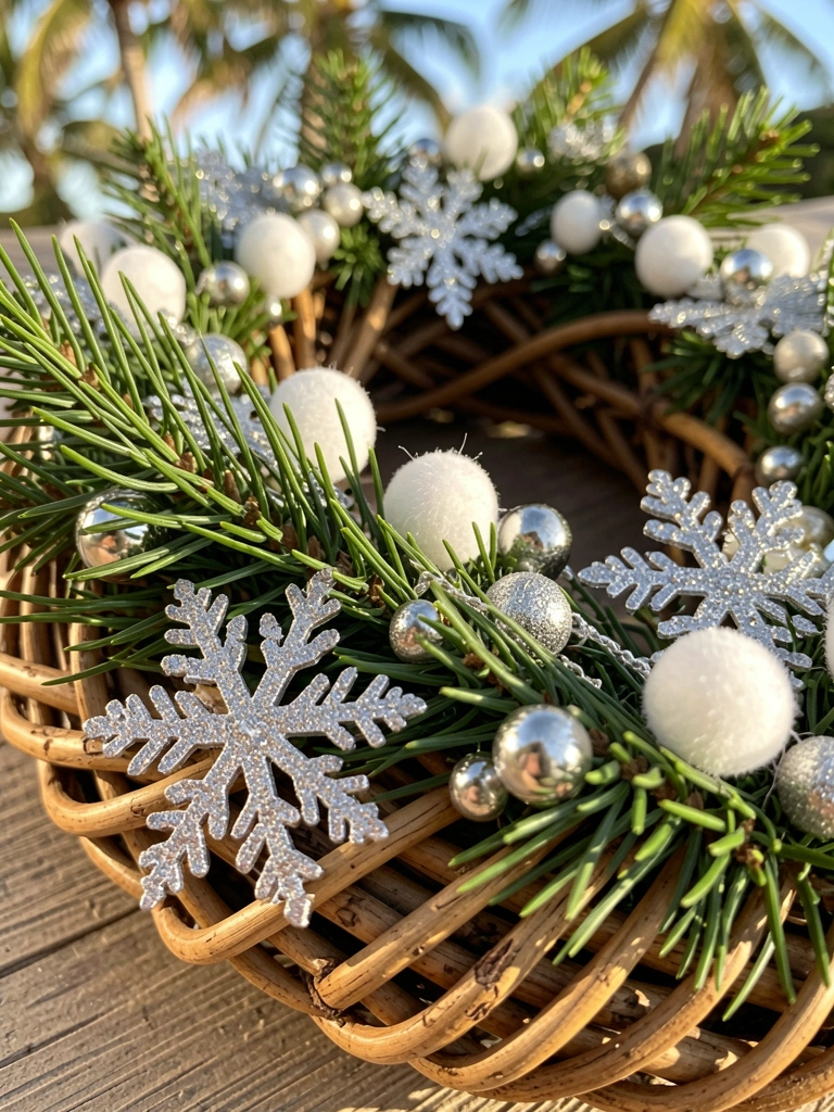 Rústica coroa de vime com flocos de neve prateados, pompons brancos e pinhas verdes em close, luz natural de dia.