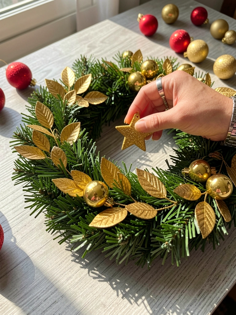 Coroa de Natal verde com folhas douradas, mão com anel e relógio pendurando estrela dourada, luz natural sobre superfície cinza.