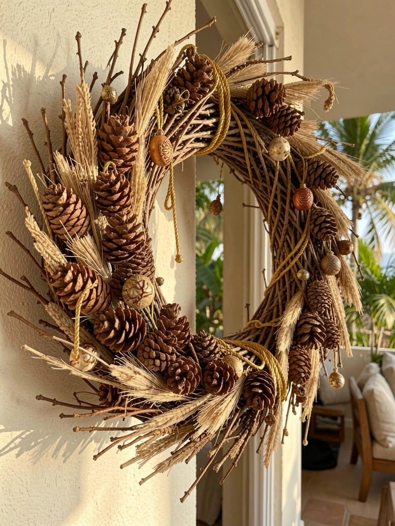 Guirlanda rústica de galhos secos e pinhas com detalhes em cordão dourado, luz natural tropical e parede ao fundo.