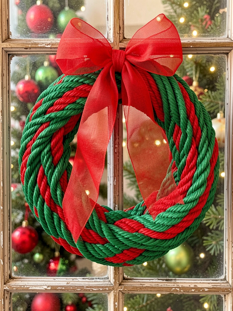 Guirlanda de Natal de corda de nylon vermelha e verde com laço de malha, em moldura de janela antiga, luz natural e bokeh festivo ao fundo.