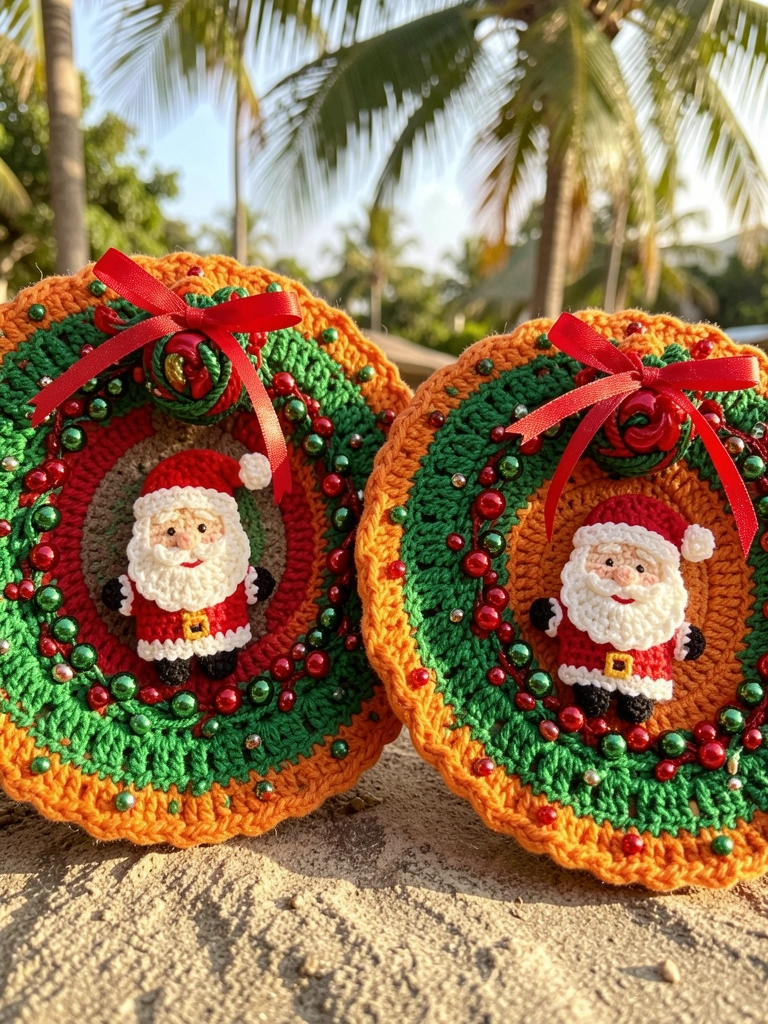 Duas guirlandas de crochê com bonecos de Papai Noel, miçangas vermelhas e verdes, e laços de fita, em moldura laranja texturizada sob luz natural.