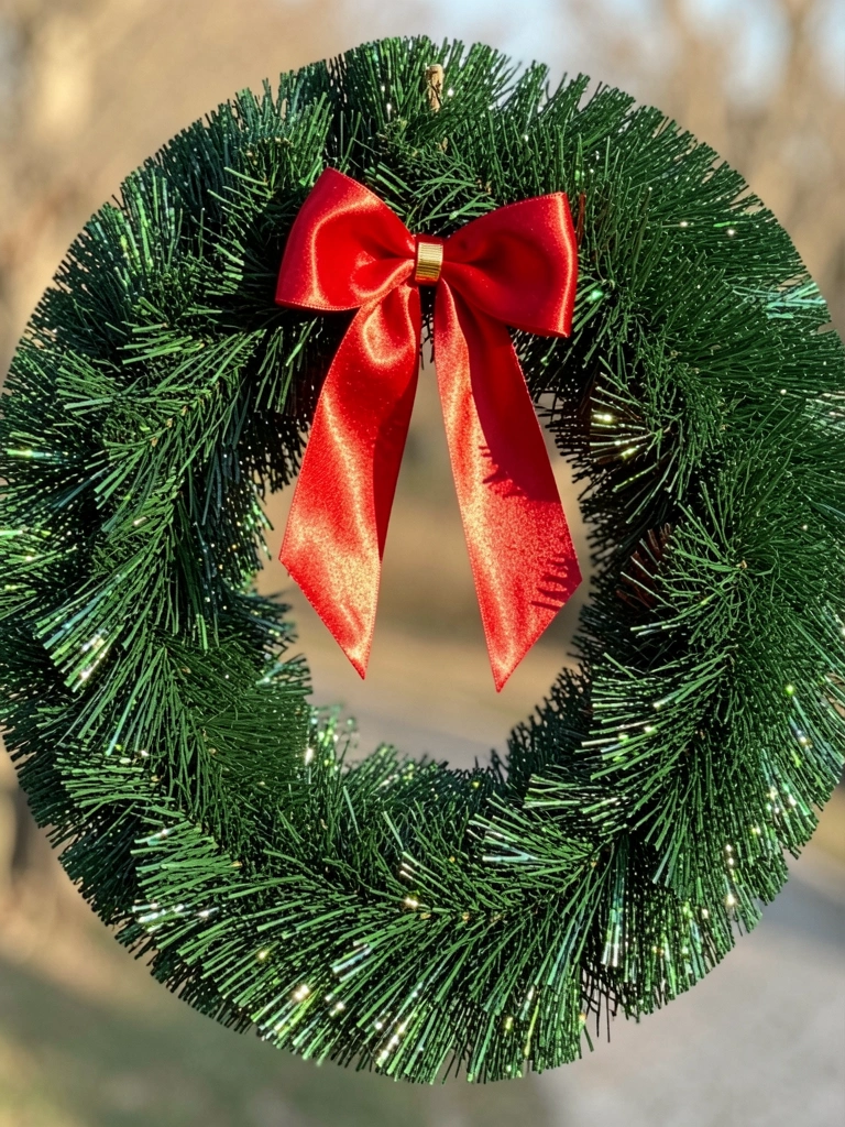 Coroa de Natal verde-escura com laço vermelho e alfinete dourado, luz natural suave e folhagem densa e brilhante.