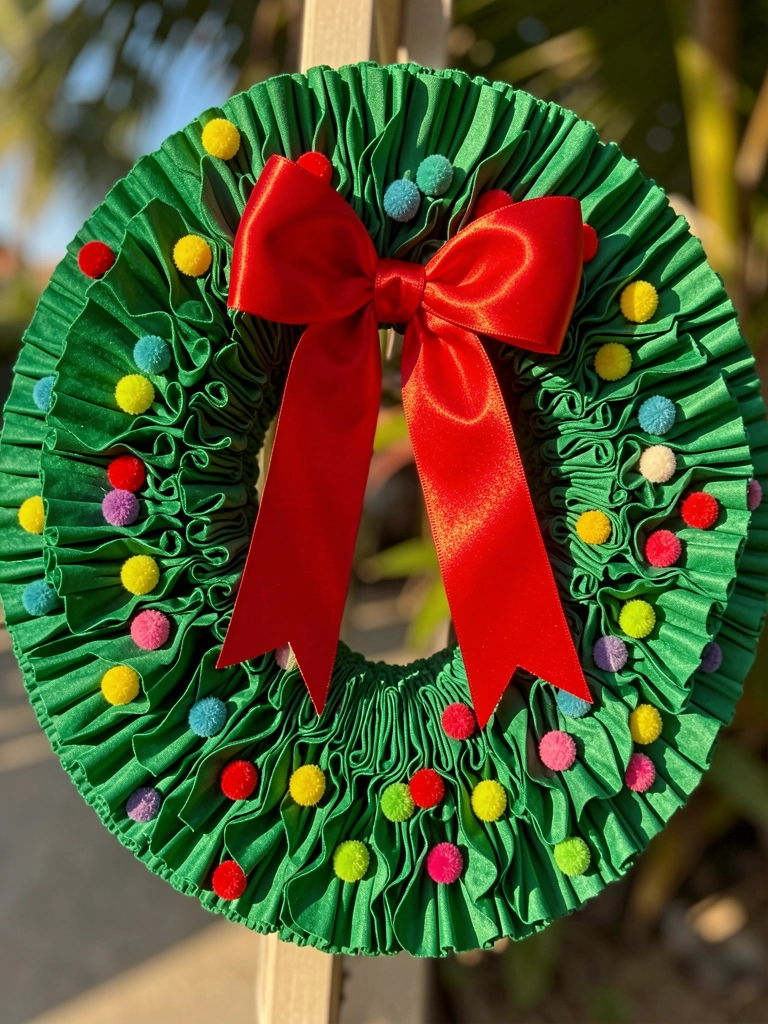 Guirlanda de tecido verde com pompons coloridos e laço vermelho brilhante, luz natural suave e fundo desfocado.