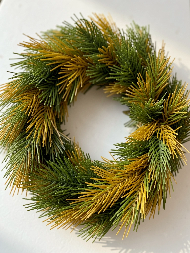Guirlanda circular de pinheiro artificial verde e dourado, textura densa e brilho realista, luz natural suave e fundo branco desfocado.
