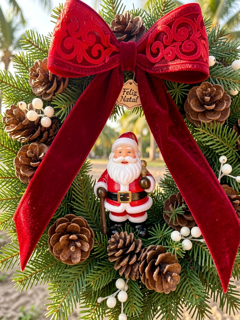 Close de guirlanda verde com laço de veludo vermelho, pinhas, bagas brancas e boneco do Papai Noel, luz natural.
