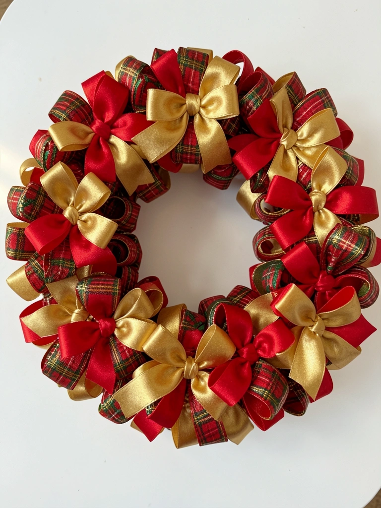 Coroa de Natal vermelha e dourada com laços de cetim sobre fundo branco, luz natural suave.