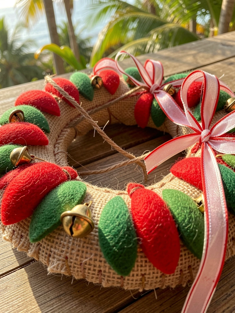 Base de juta, feltro vermelho e verde, laço de fita vermelha e branca, sininhos e barbante marrom em close-up sobre madeira, com luz natural.