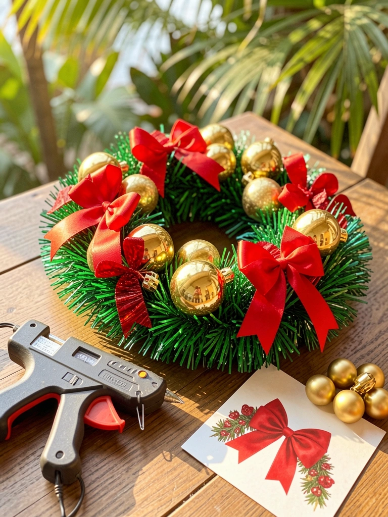 Guirlanda de Natal verde brilhante com enfeites dourados e laços vermelhos sobre mesa de madeira, ao lado de pistola de cola quente e cartão decorativo.