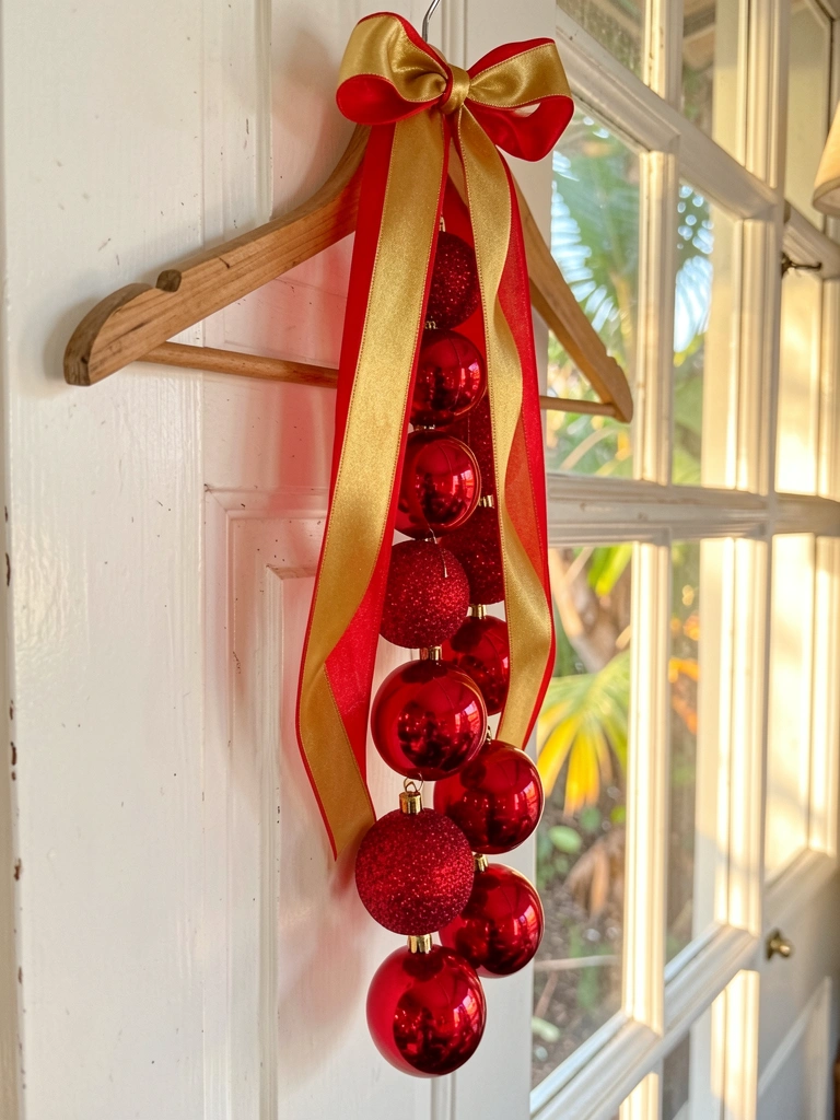 Cabo de madeira rústica com fita vermelha e dourada e enfeites de Natal brilhantes, pendurado em porta branca com janela, luz natural do dia.