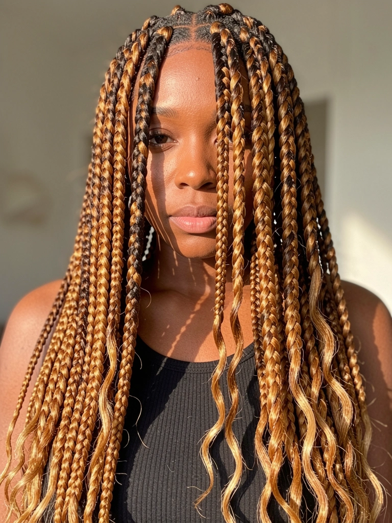Box braids com tons de mel e caramelo, detalhe da trama entrelaçada, luz natural difusa realça o brilho.