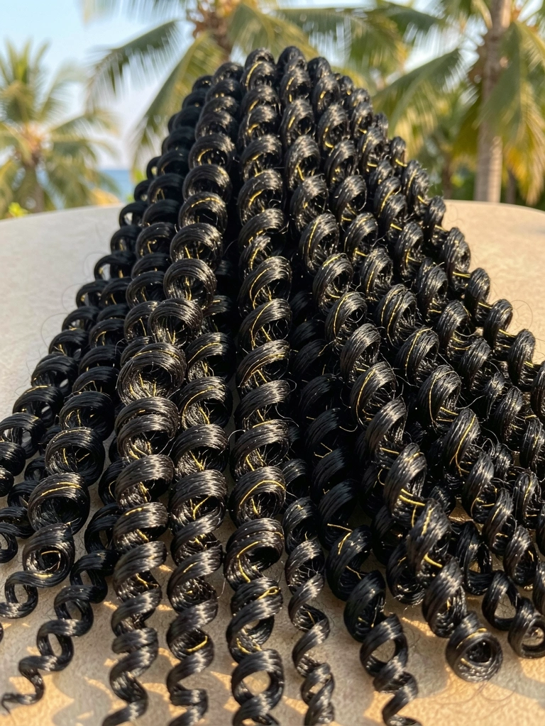 Mega bundle de Gypsy Curl preto com fios dourados, detalhes espirais e textura volumosa sob luz tropical natural.