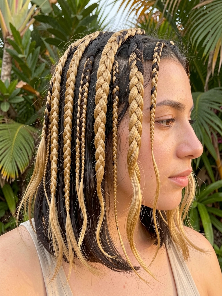Jovem com tranças box braids e micro-tranças loiras, textura detalhada dos fios, luz natural suave e folhagens tropicais ao fundo.