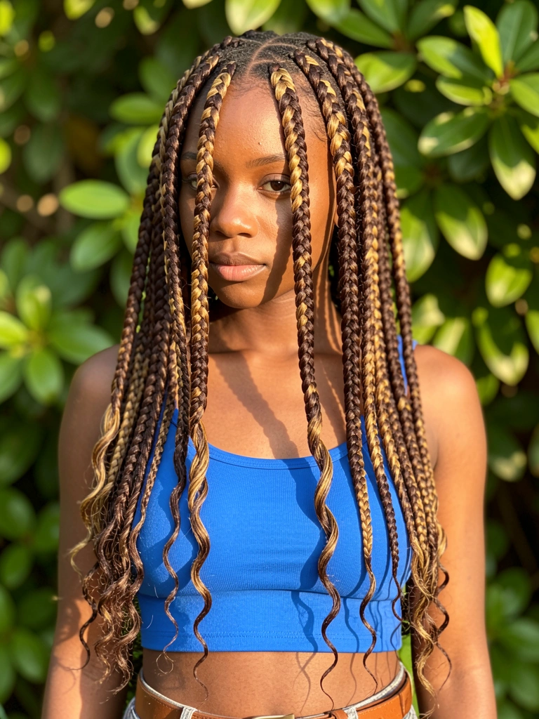 Jovem negra com tranças box braids longas de marrom escuro e dourado, blusa azul vibrante, cinto marrom, fundo de folhagem verde com bokeh e luz solar difusa.
