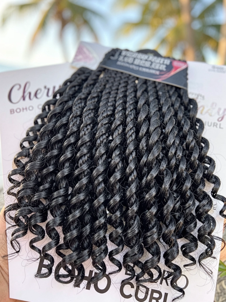 Mechas de cabelo cacheado preto em tranças grossas, pacote com logotipo 