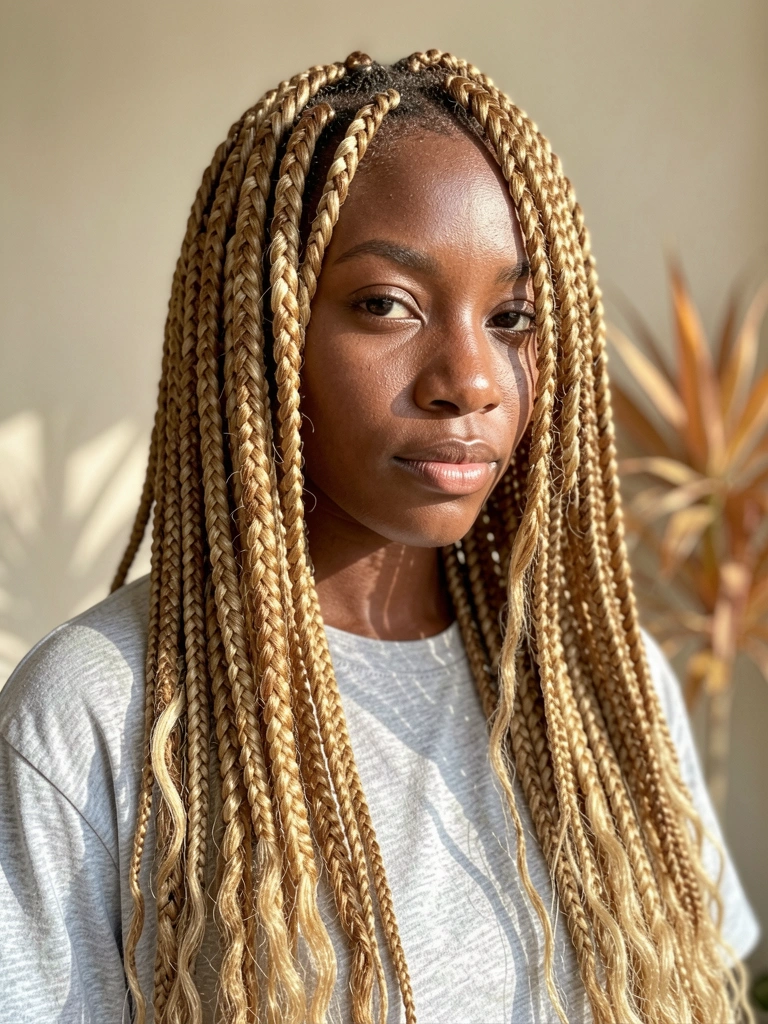 Jovem negra com tranças boêmias loiras e castanhas, camiseta cinza, planta ao fundo, luz suave.