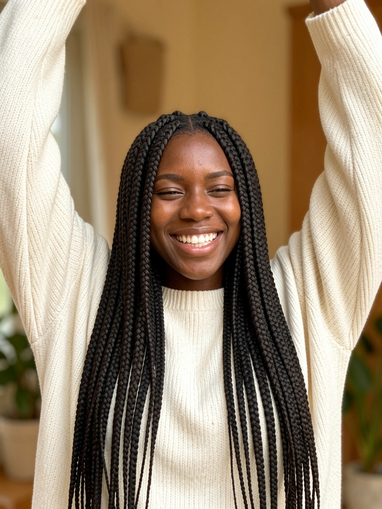 Jovem negra com tranças knotless longas, suéter creme oversized, braços erguidos em celebração, sorriso genuíno, luz natural suave, close-up detalhando a textura do cabelo.