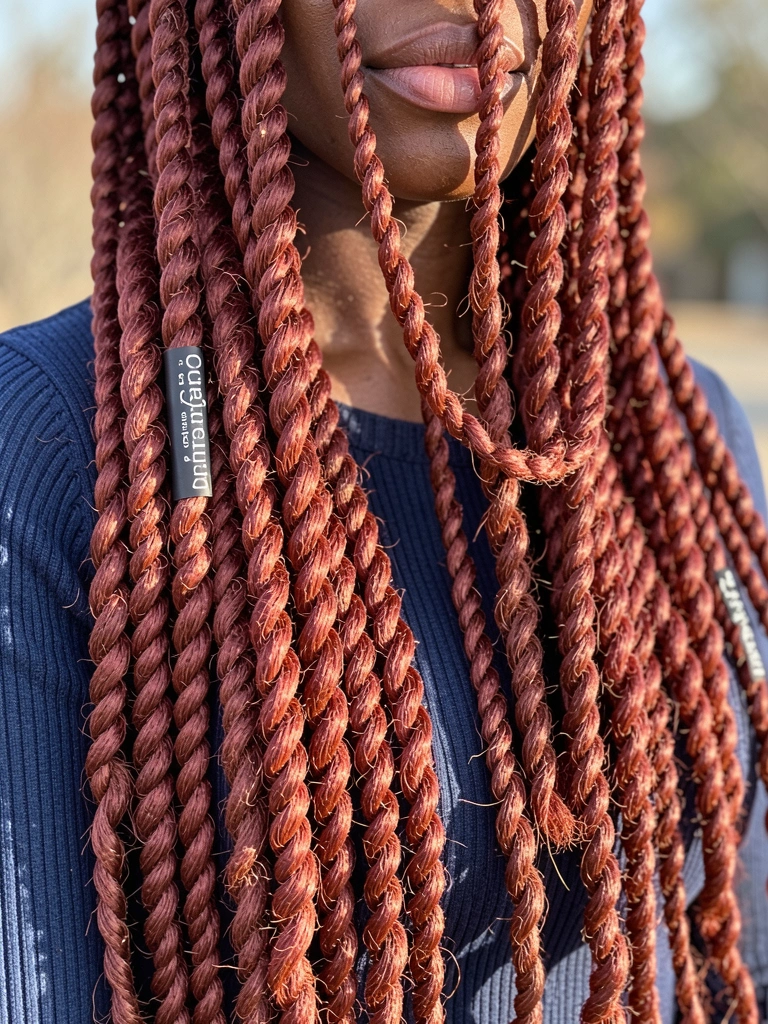 Tranças gypsy vermelho-acastanhadas volumosas sobre um suéter azul escuro canelado, com luz natural destacando a textura e o brilho dos fios.