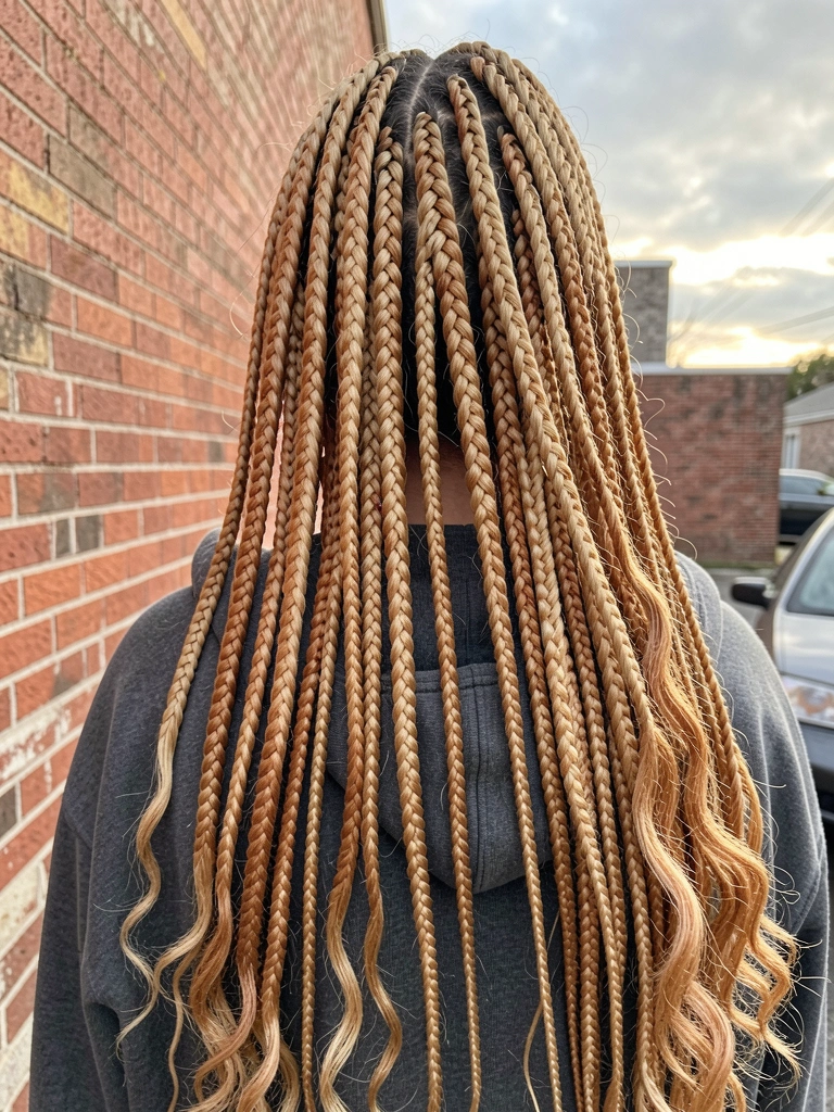 Tranças box braids honey blonde e caramel com pontas onduladas, moletom cinza escuro, parede de tijolos e carro desfocado ao fundo.