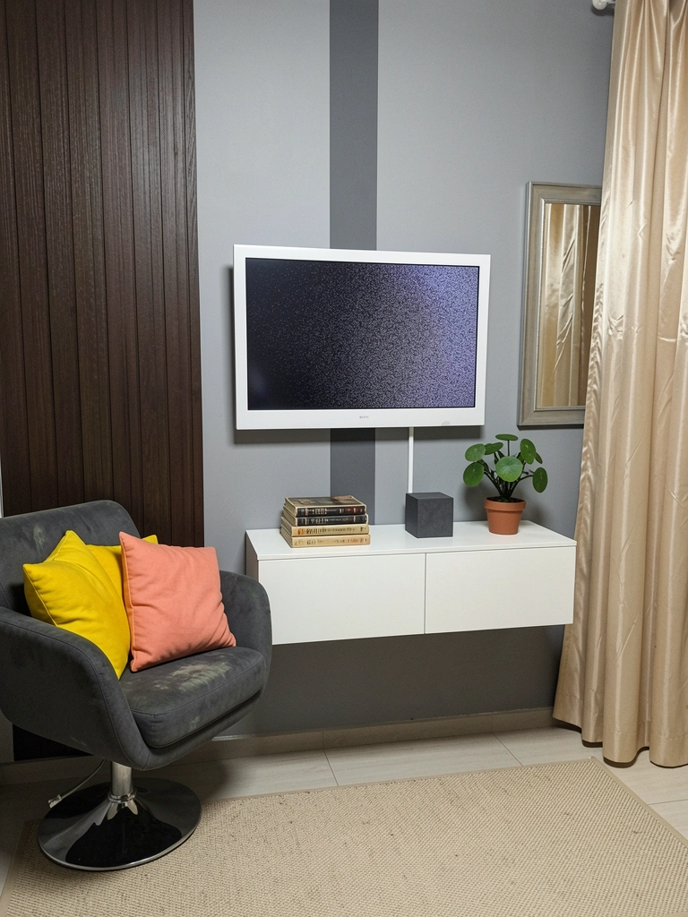 Sala de estar clara com sofá cinza, almofadas coloridas e espelho redondo na parede.