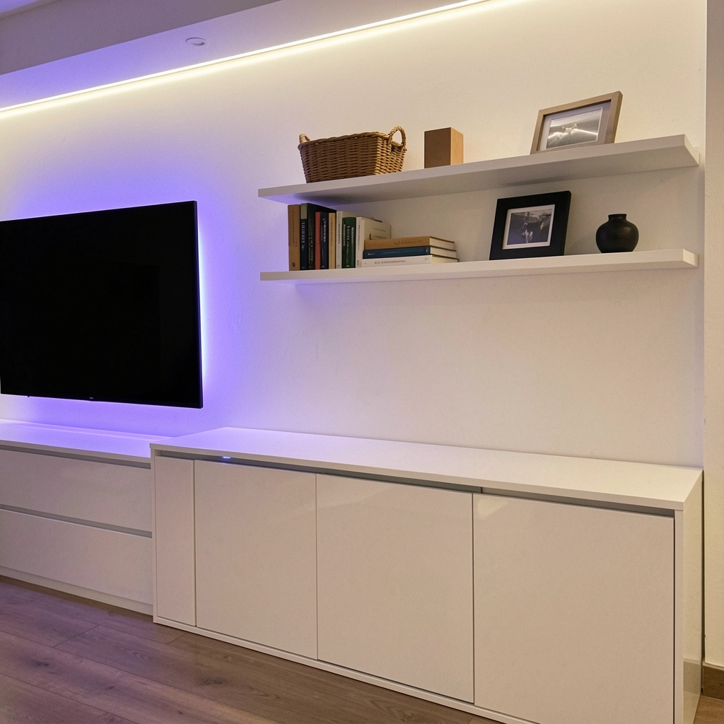 Fita de LED atrás da TV iluminando a parede com luz colorida.
