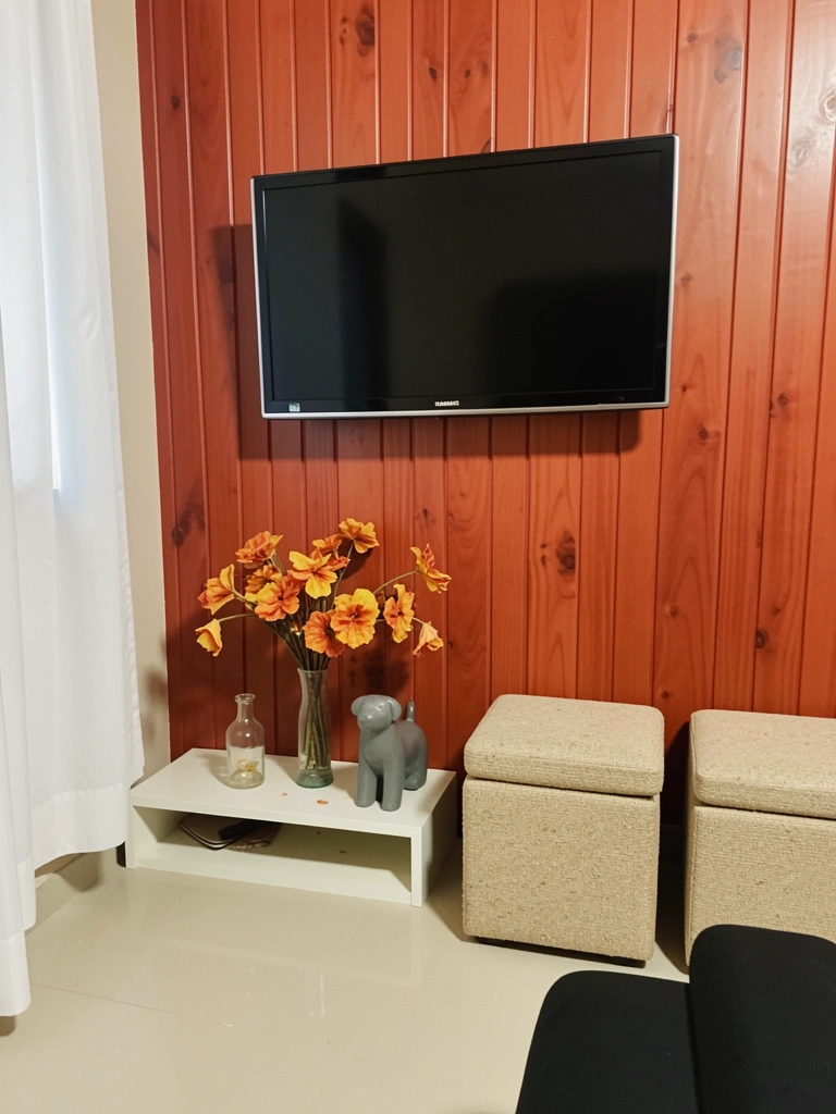 Sala com parede pintada em terracota e almofadas bege sobre sofá claro.