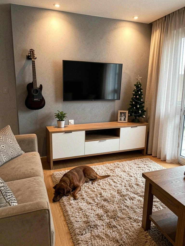 Tapete felpudo branco e cortina leve em sala com luz natural.