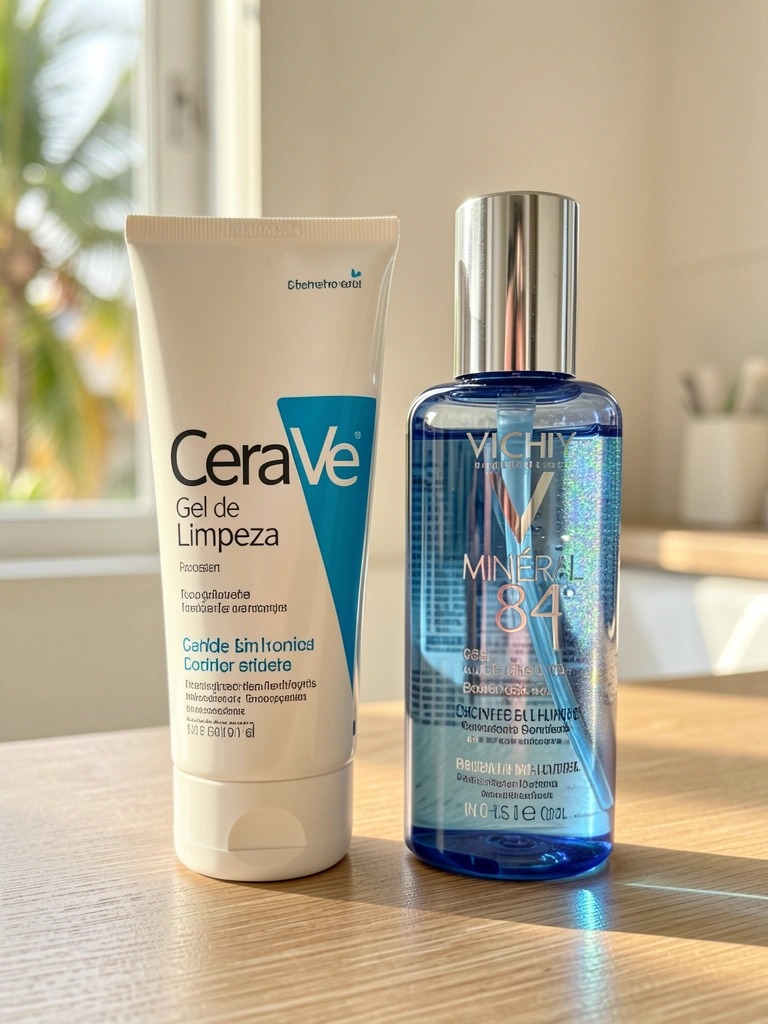 Tubo branco de CeraVe Gel de Limpeza e frasco azul de Vichy Minéral 89 sobre superfície de madeira clara, com luz natural difusa e fundo desfocado.