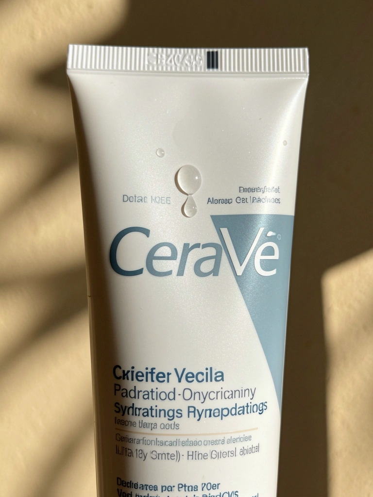 Close-up de tubo branco de loção facial CeraVe com rótulo detalhado e gota d