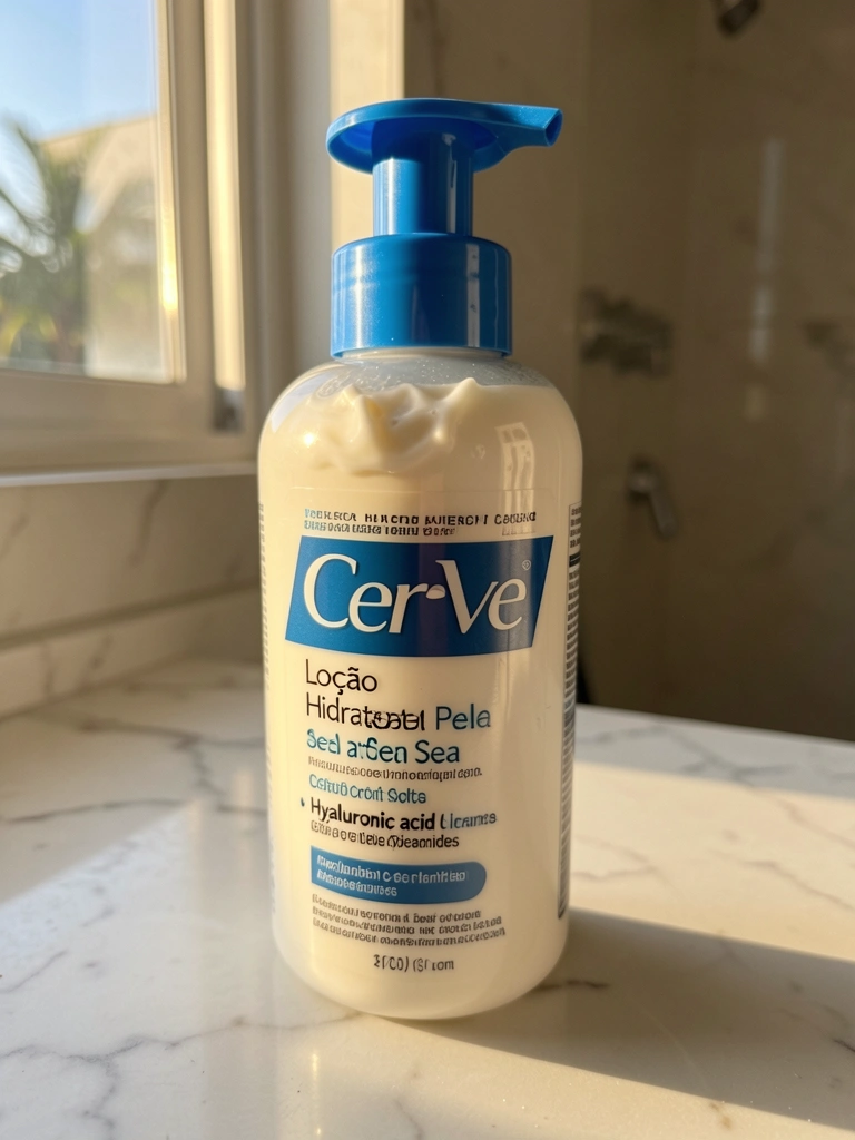 Frasco de loção hidratante Cerave com pump azul sobre bancada de mármore branco, luz natural difusa e fundo desfocado.