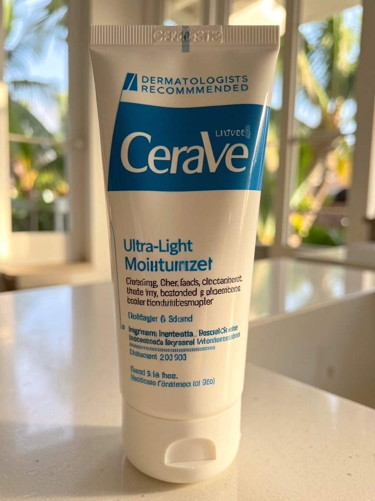 Tubo branco de hidratante facial Cerave sobre superfície clara, com reflexo de luz natural e fundo arejado.