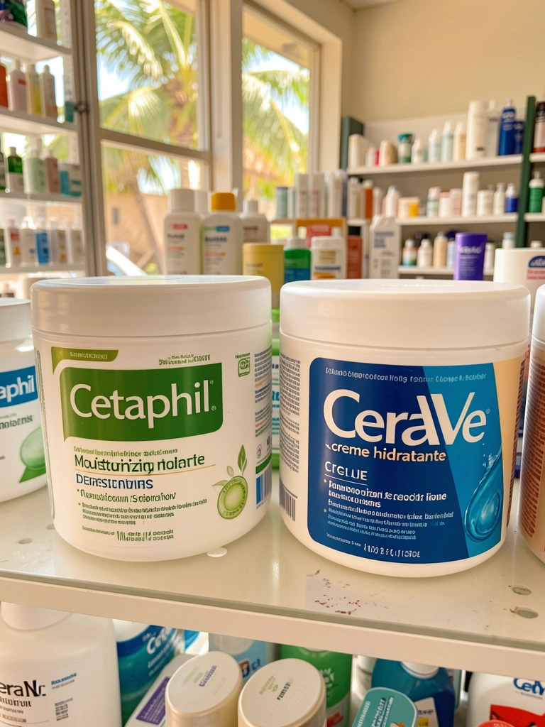 Dois potes grandes de creme hidratante, Cetaphil com tampa verde e CeraVe com tampa azul, em prateleira de farmácia com luz natural e fundo desfocado.